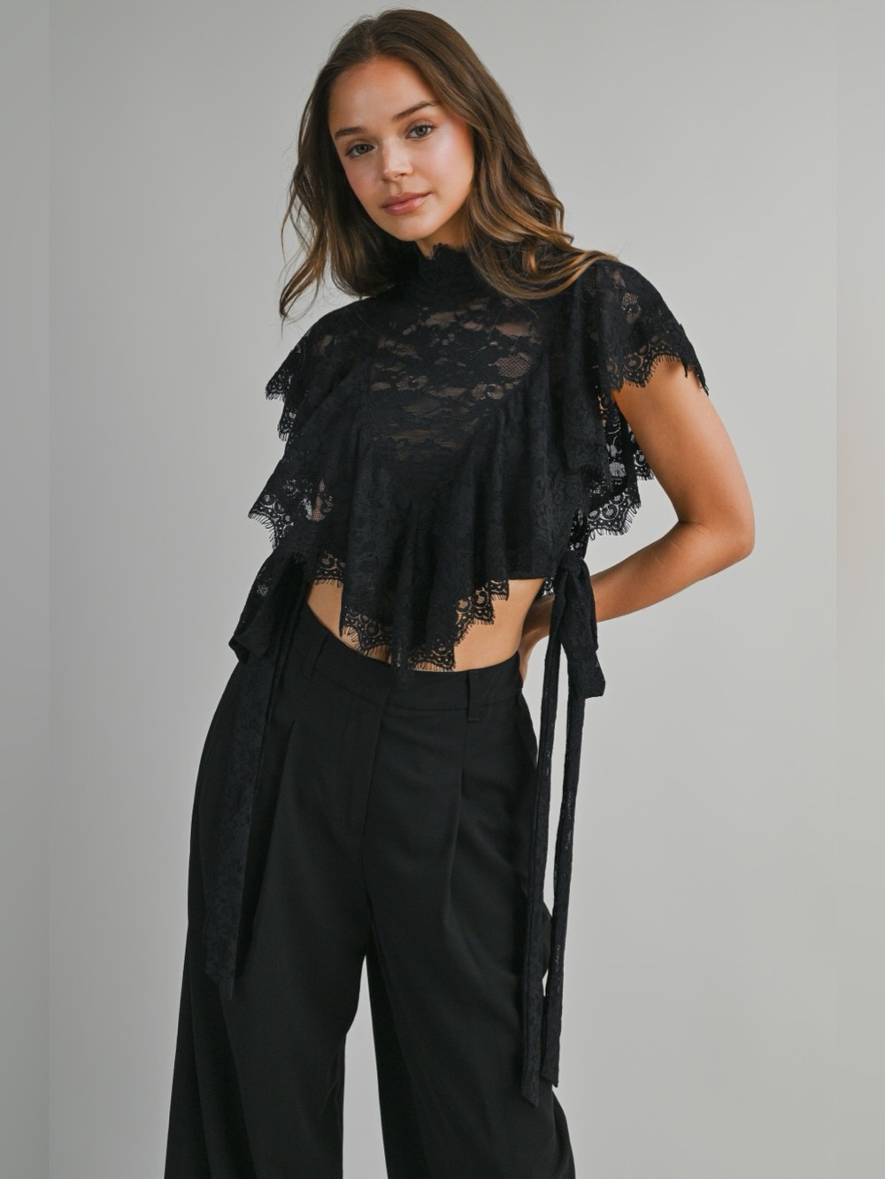 Catherine Ruffled Lace Black Crop Top - Picture 9 of 12